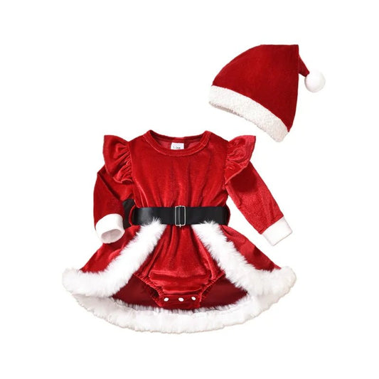 Baby meisjes kerst romper - Fluweel met terry trim - Lange mouwen en kerstmuts - Bivakshop