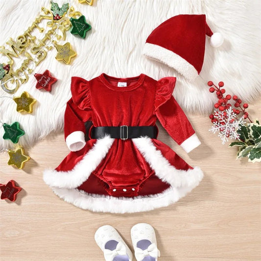 Baby meisjes kerst romper - Fluweel met terry trim - Lange mouwen en kerstmuts - Bivakshop