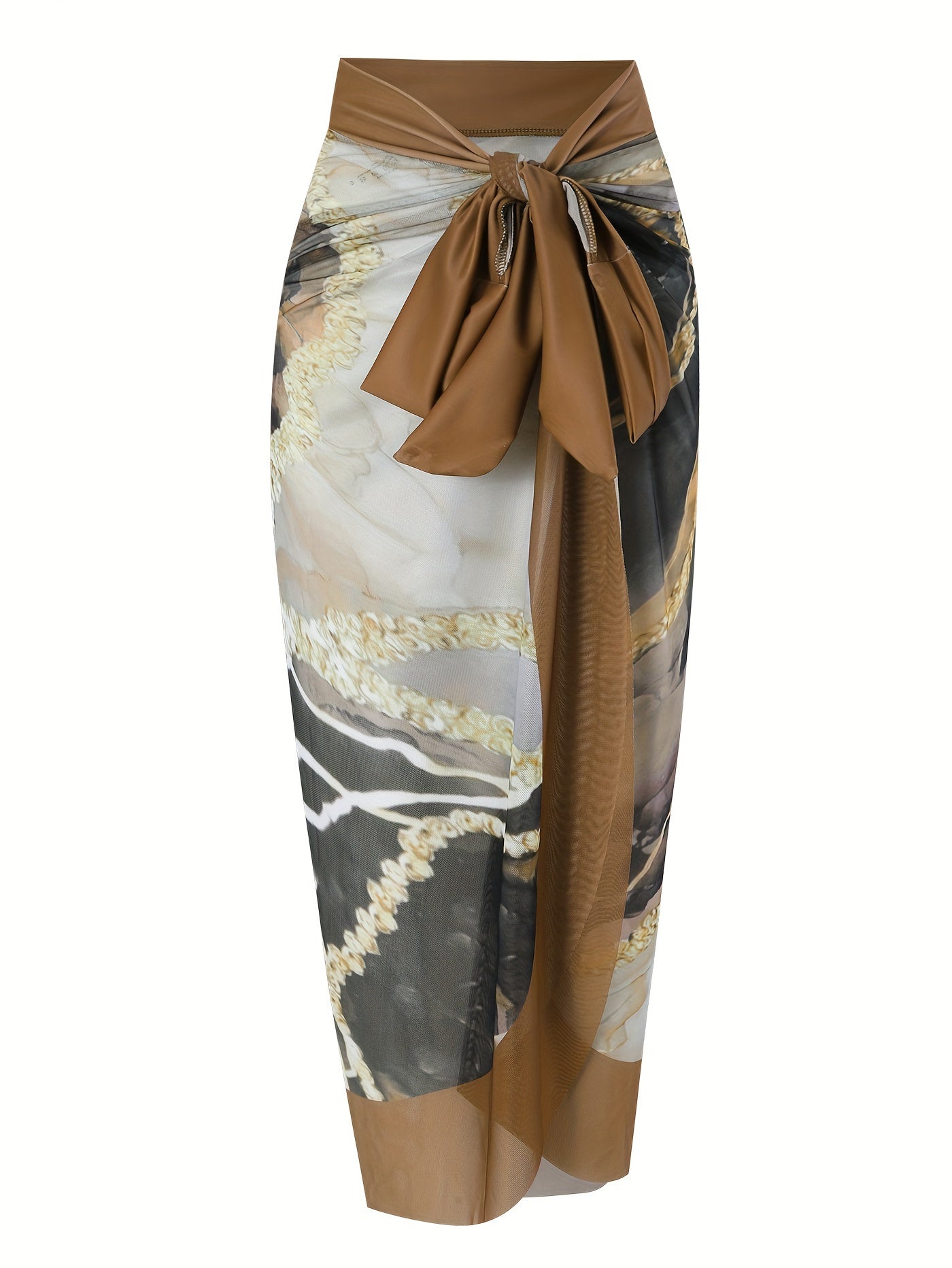 Bruin marmer 2 delige badpak - Dames badpak - Sarong rok strikbare schouderbandjesjes - Bivakshop