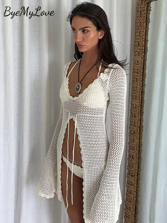 Gebreide crochet strandtuniek - Met split en lace up details - Voor dames - Bivakshop