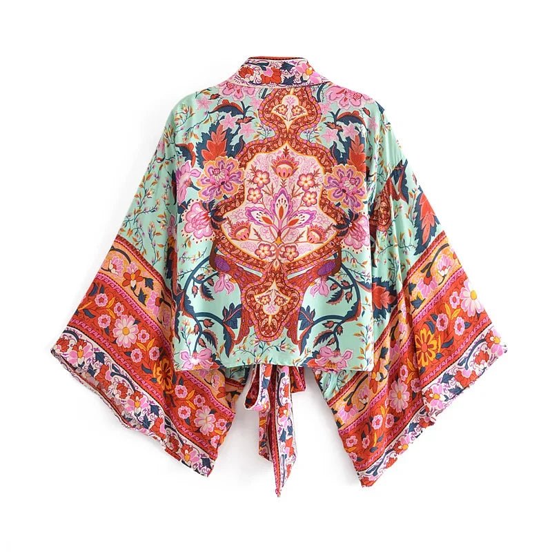 Happie queens - Kimono met bloemenprint en sjerp - Dames v hals batwing mouwen - Bivakshop