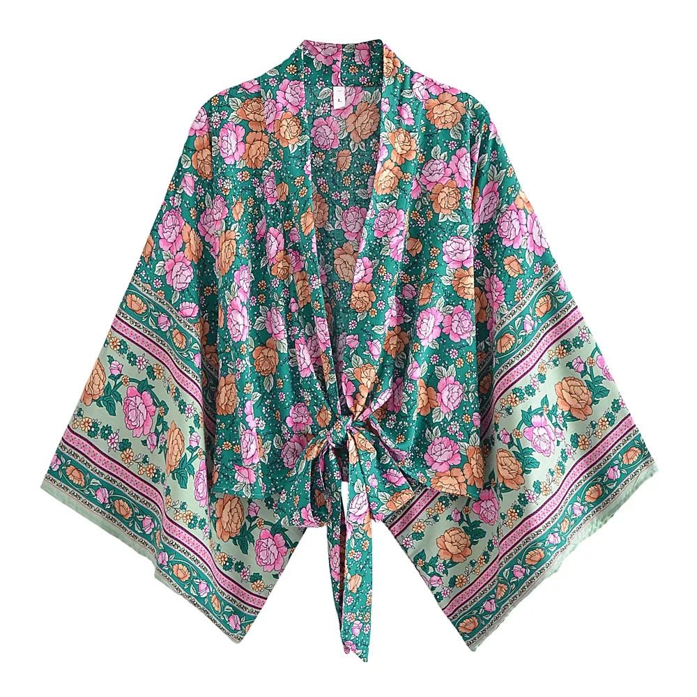 Happie queens - Kimono met bloemenprint en sjerp - Dames v hals batwing mouwen - Bivakshop