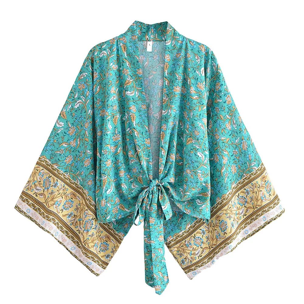 Happie queens - Kimono met bloemenprint en sjerp - Dames v hals batwing mouwen - Bivakshop