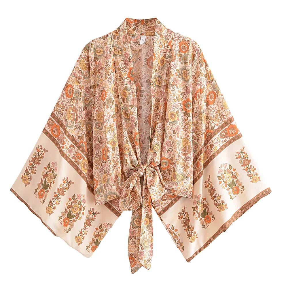 Happie queens - Kimono met bloemenprint en sjerp - Dames v hals batwing mouwen - Bivakshop