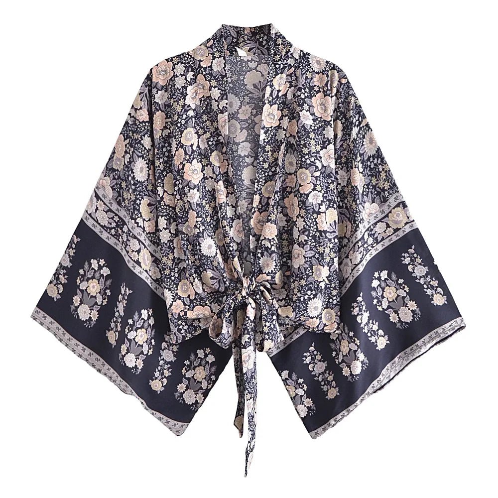 Happie queens - Kimono met bloemenprint en sjerp - Dames v hals batwing mouwen - Bivakshop