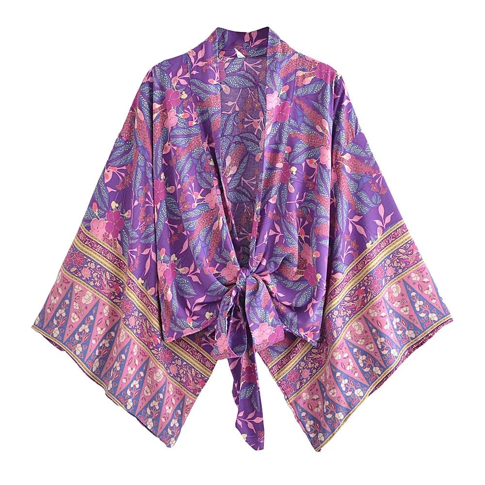 Happie queens - Kimono met bloemenprint en sjerp - Dames v hals batwing mouwen - Bivakshop