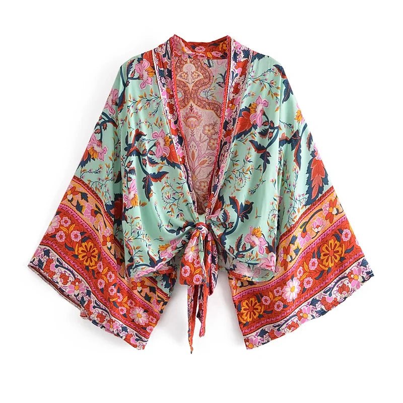 Happie queens - Kimono met bloemenprint en sjerp - Dames v hals batwing mouwen - Bivakshop