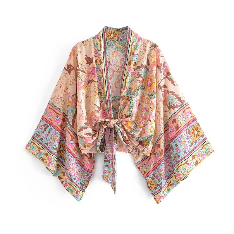 Happie queens - Kimono met bloemenprint en sjerp - Dames v hals batwing mouwen - Bivakshop