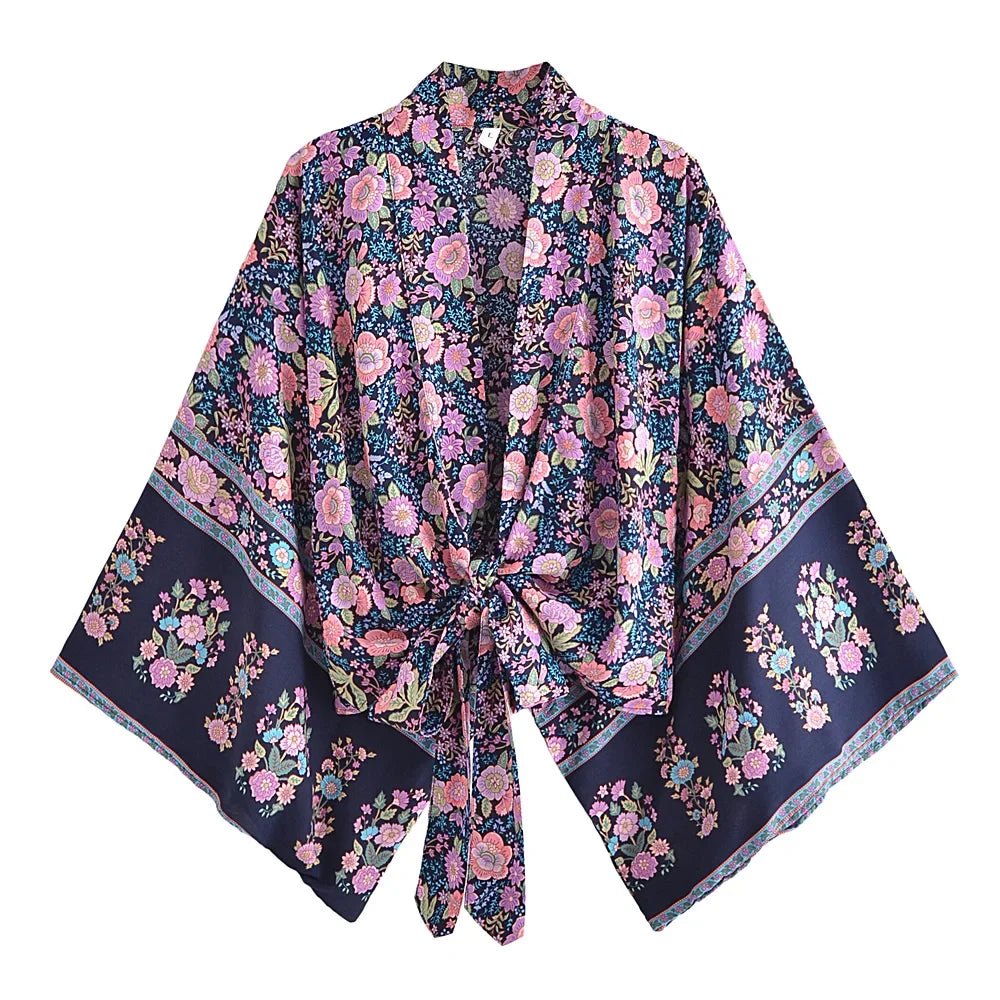 Happie queens - Kimono met bloemenprint en sjerp - Dames v hals batwing mouwen - Bivakshop