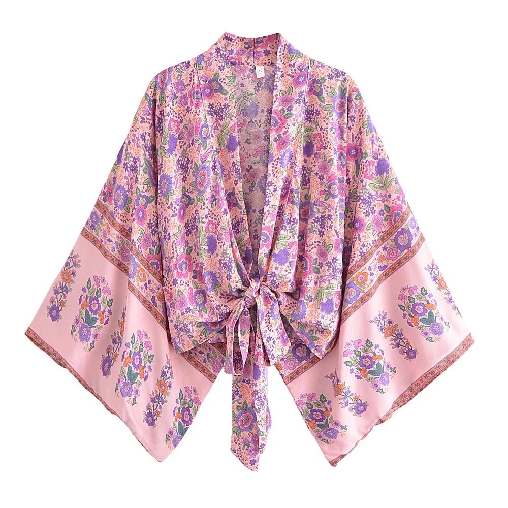 Happie queens - Kimono met bloemenprint en sjerp - Dames v hals batwing mouwen - Bivakshop