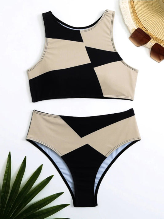 Sports bikini 2024 - Vrouw hoge taille - Hoogsluiting geometrisch patroon zwemkleding - Bivakshop