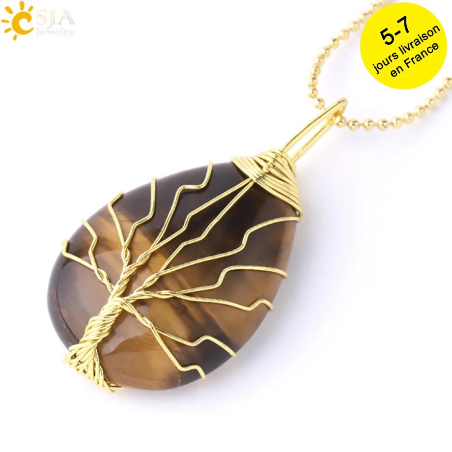 Tree of Life ketting - Natuurlijke stenen hanger - Tijgeroog, rozenkwarts en amethist - Bivakshop