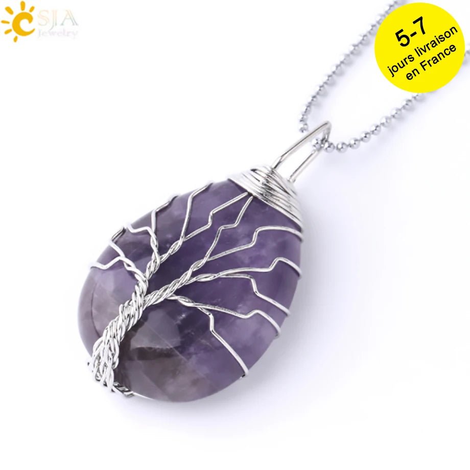 Tree of Life ketting - Natuurlijke stenen hanger - Tijgeroog, rozenkwarts en amethist - Bivakshop