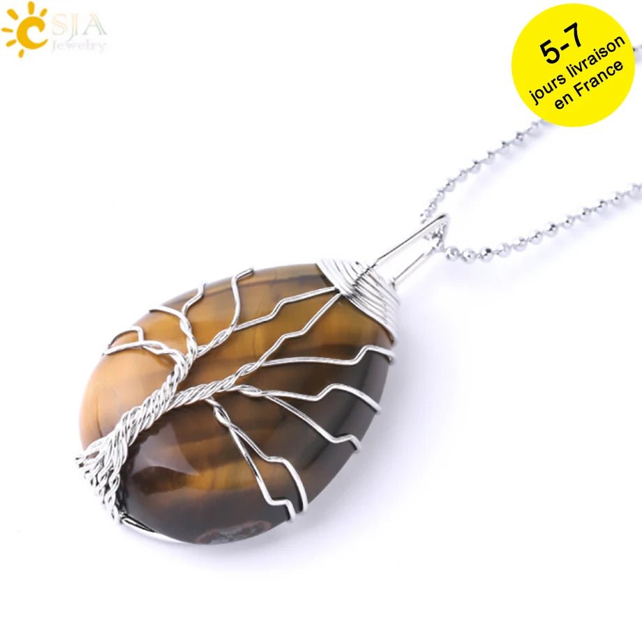 Tree of Life ketting - Natuurlijke stenen hanger - Tijgeroog, rozenkwarts en amethist - Bivakshop