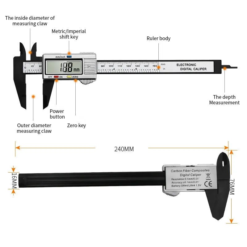 150 mm Digitale Elektronische Schuifmaat van Koolstofvezel - Bivakshop