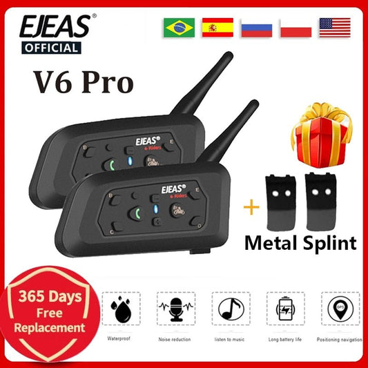 EJEAS V6 Pro Bluetooth Motorhelm Intercom Headset - 1200 meter bereik - Waterdicht - tot 6 rijders - Bivakshop