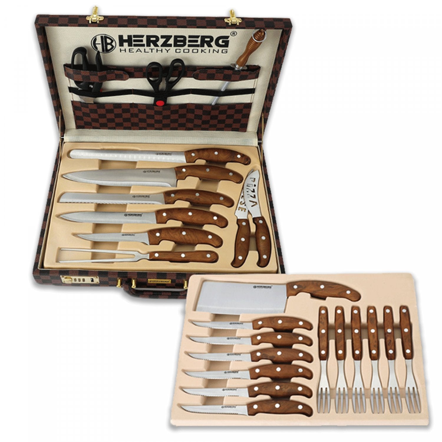 Herzberg HG-K25LB: 25-Delige messen en bestekset met attache koffer - Bivakshop