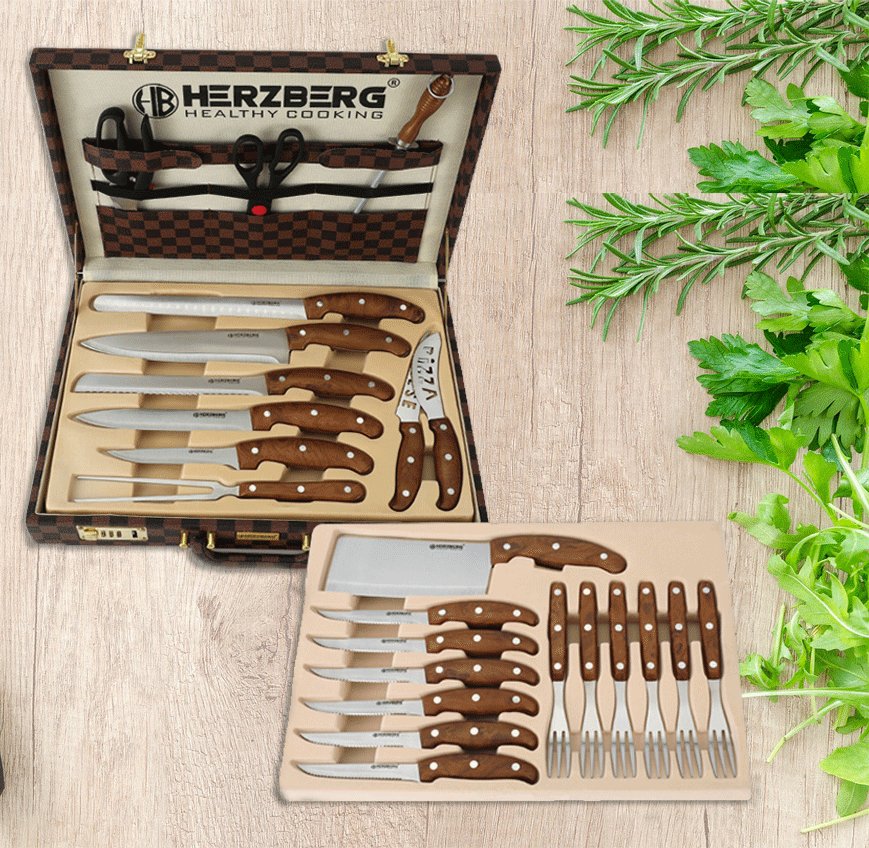 Herzberg HG-K25LB: 25-Delige messen en bestekset met attache koffer - Bivakshop