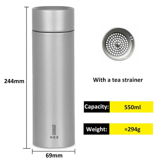 Titanium Vacuüm Thermosfles - 440 of 550 ml inhoud - Met theezetter - Zilver - Bivakshop